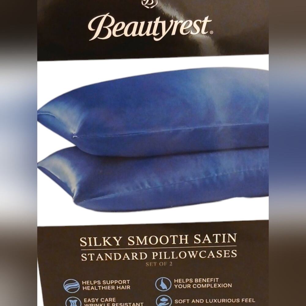 2 Pc Beautyrest STANDARD Satin Pillowcases BLUE Silky Therapeutic Ha…